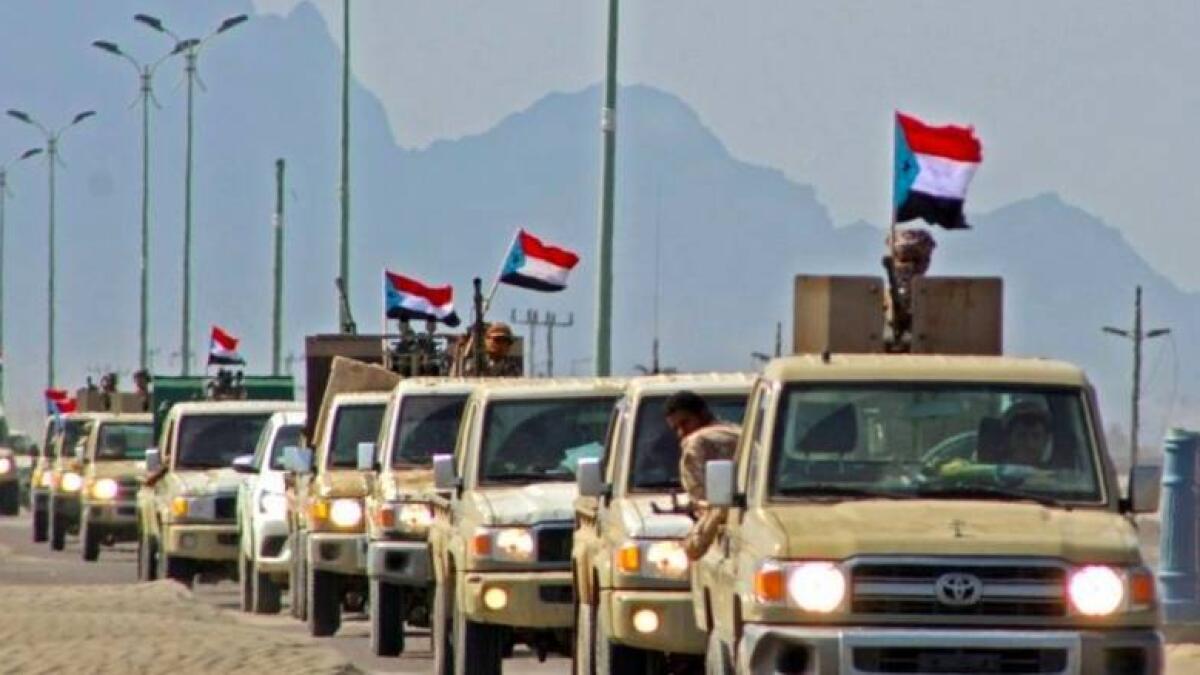 A convoy of Yemen's Security Belt Force, dominated by members of the Southern Transitional Council, on patrol between Aden and Abyan province late last year.