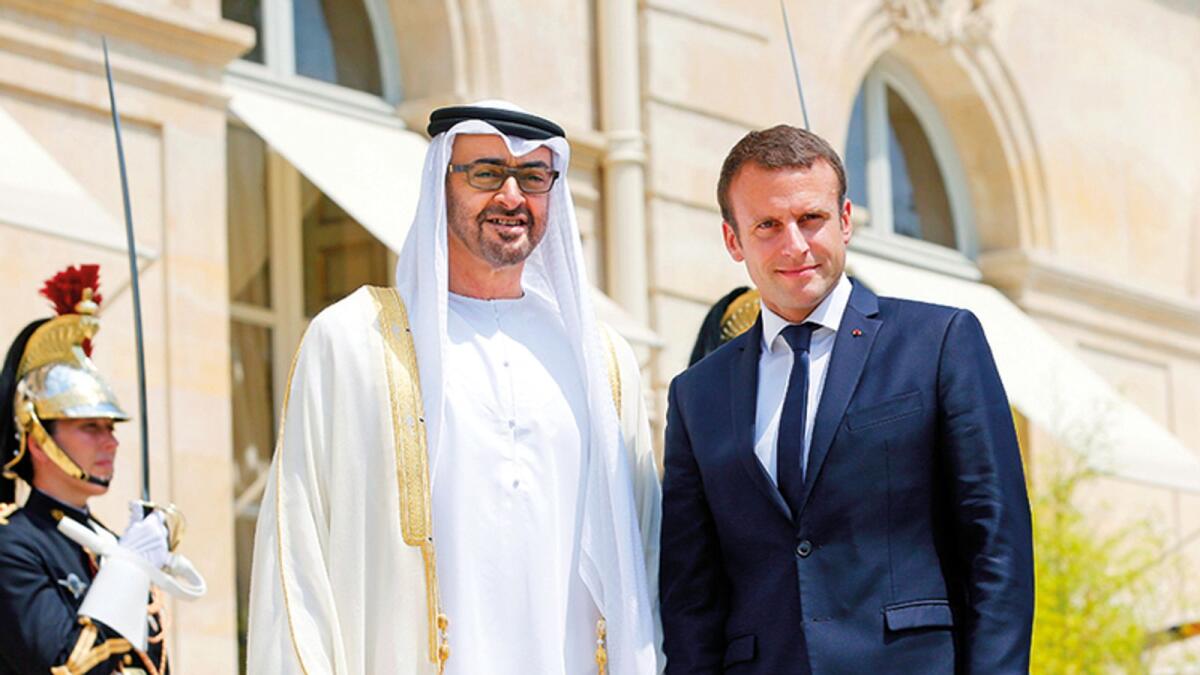 Sheikh Mohammad bin Zayed with Macron during a meeting in Paris. File picture.