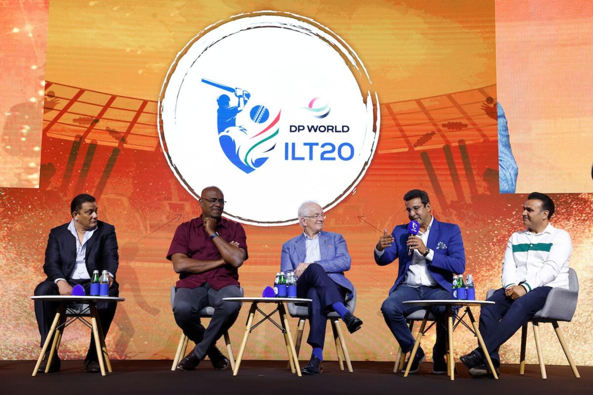 (From left) Mohammad Azharuddin, Ian Bishop, David Gower, Wasim Akram and Virender Sehwag during an event in Dubai. — Supplied photo