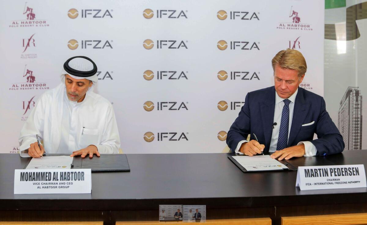 Mohammed Khalaf Al Habtoor, president of the UAE Polo Federation, and IFZA chairman Martin G. Pedersen. — Supplied photo