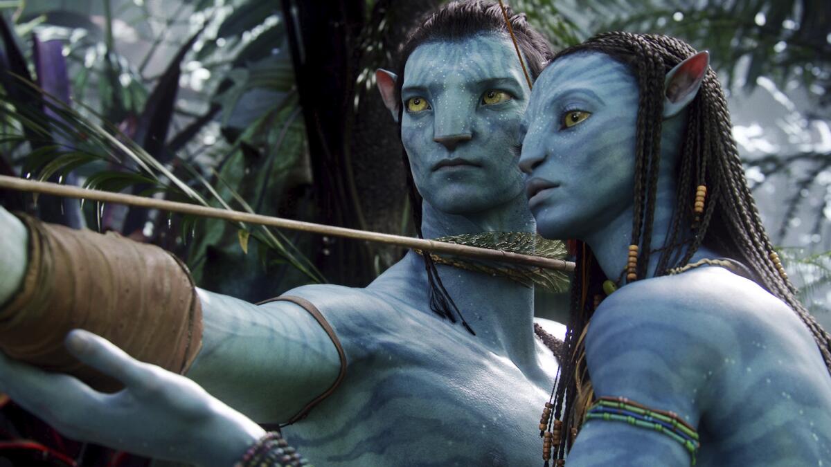 Jake Sull (Sam Worthington) and Neytiri (Zoe Saldana) in a scene from the 2009 movie 'Avatar'
