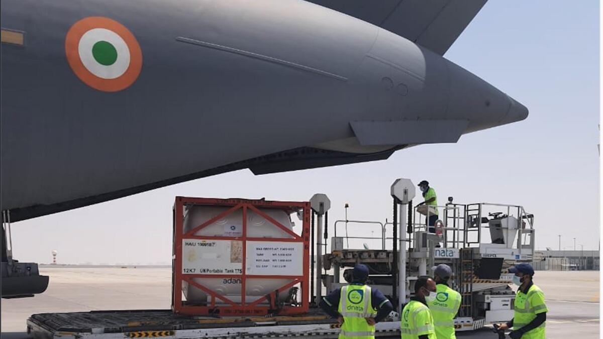 An Indian Air Force plane is being loaded in Dubai with cryogenic tanks. — Courtesy: Twitter
