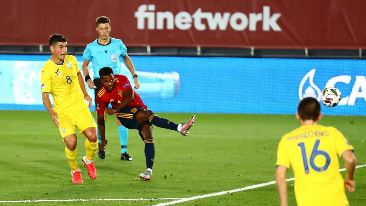 Spain's Ansu Fati scores a goal against Ukraine