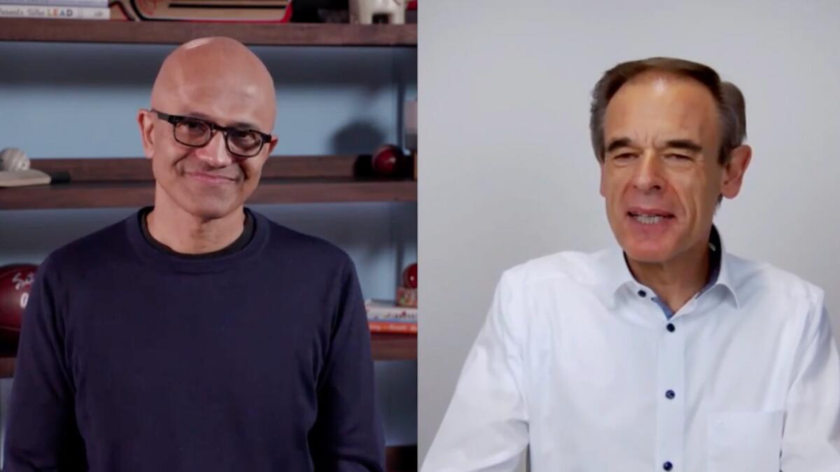Satya Nadella and Volkmar Denner during Bosch Connected World's 'Digital leadership in disruptive times' session.