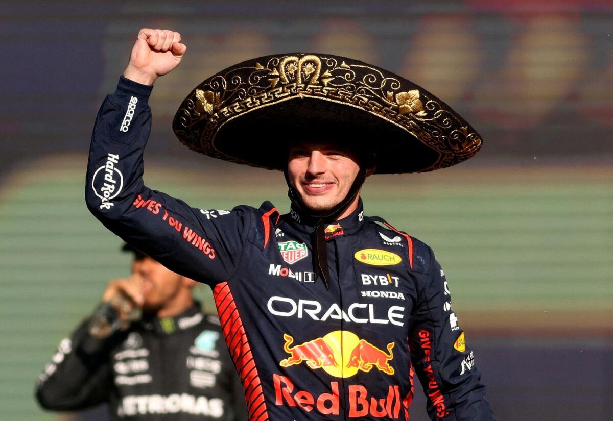 Red Bull's Max Verstappen celebrates on the podium after winning the Mexico City Grand Prix. — Reuters