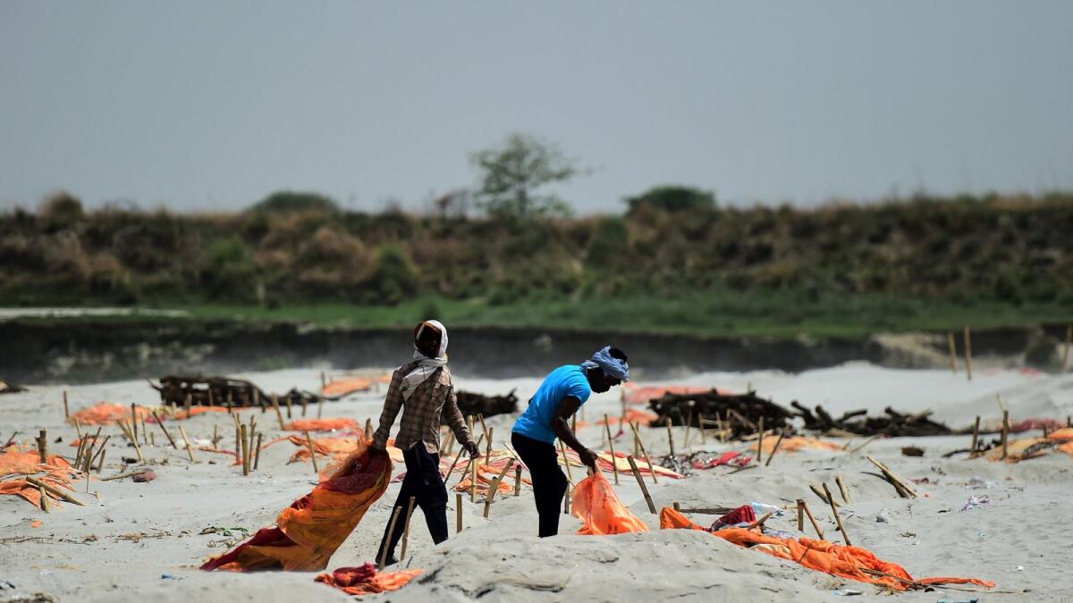 Workers remove cloths from bodies buried in the sand on the banks of the Ganga river. Photo: AFP