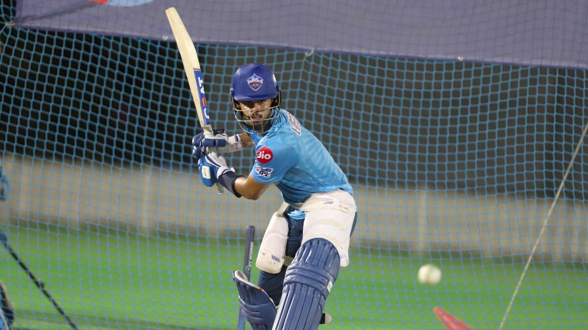 Shreyas Iyer bats during a net session in Dubai. (Delhi Capitals)