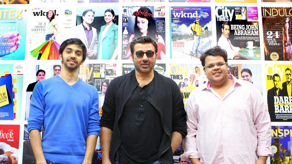 NA010216-KP-GAYAL  Bollywood actor Sunny Deol (C) with Rishabh Arora and Shivam Patil at Khaleej Times during their promotional tour of their movie 'Gayal Once Again', due to release on 4th February in UAE. Photo by Kiran Prasad