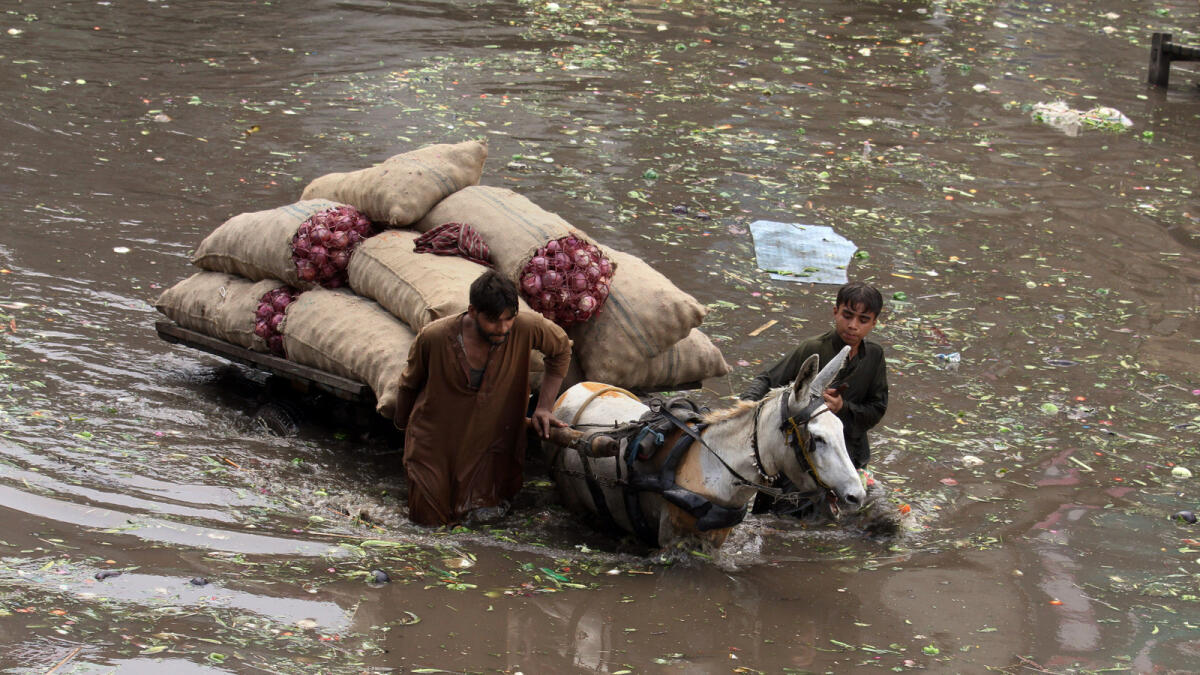 Pakistani laborers push a loaded donkey-cart through a flooded road caused by heavy rains in Lahore