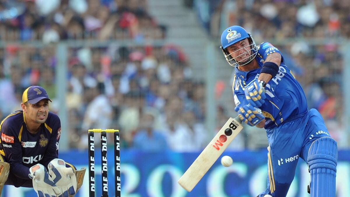 Mumbai Indians opener Herschelle Gibbs plays a shot against the Kolkata Knight Riders at the Eden Gardens in 2012. - AFP file
