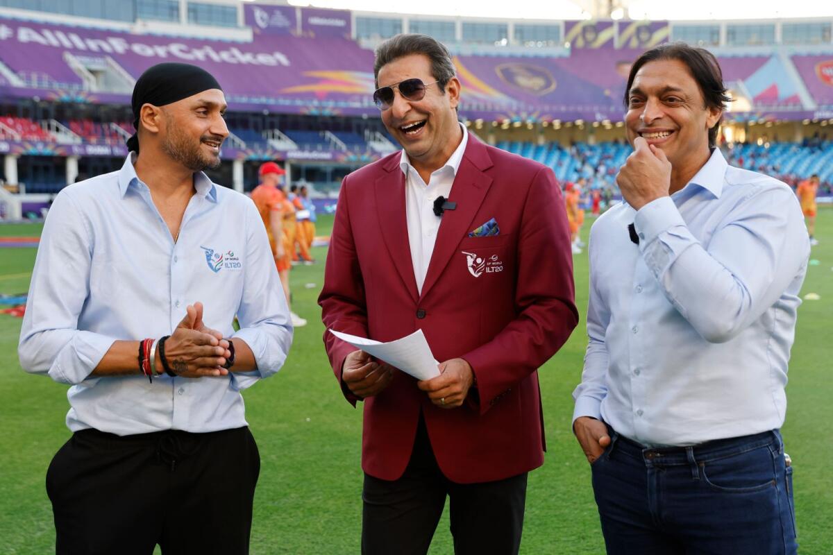 (From left) Commentators Harbhajan Singh, Wasim Akram and Shoaib Akhtar during an ILT20 match at the Dubai International Cricket Stadium. — Picture courtesy ILT20