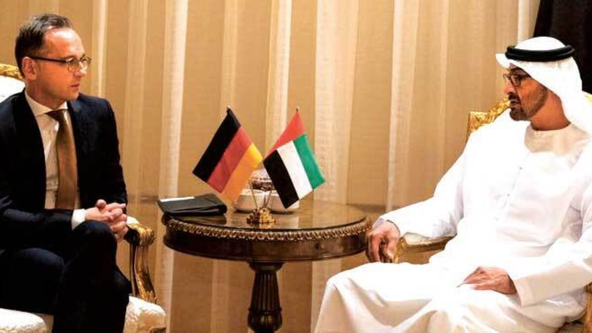 His Highness Sheikh Mohamed bin Zayed Al Nahyan, Crown Prince of Abu Dhabi and Deputy Supreme Commander of the UAE Armed Forces, holding talks with German Foreign Minister Heiko Maas at Al Shati Palace in Abu Dhabi on Sunday. — Twitter