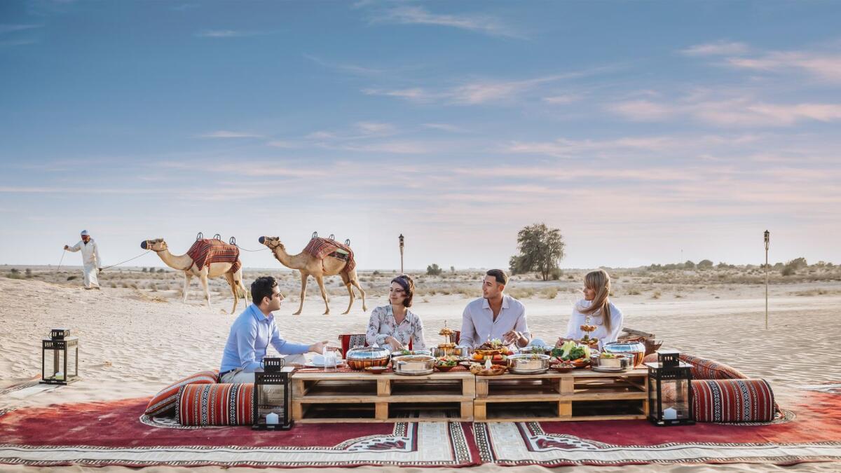 In the desert. Celebrate Bedouin heritage and traditions amidst the breathtaking backdrop of the desert. Traditional delicacies such as Egyptian koshari and Ouzi Underground are being served on the Sunset Dunes, Falcon Point, Bab Al Shams resort for Dh500 per person.