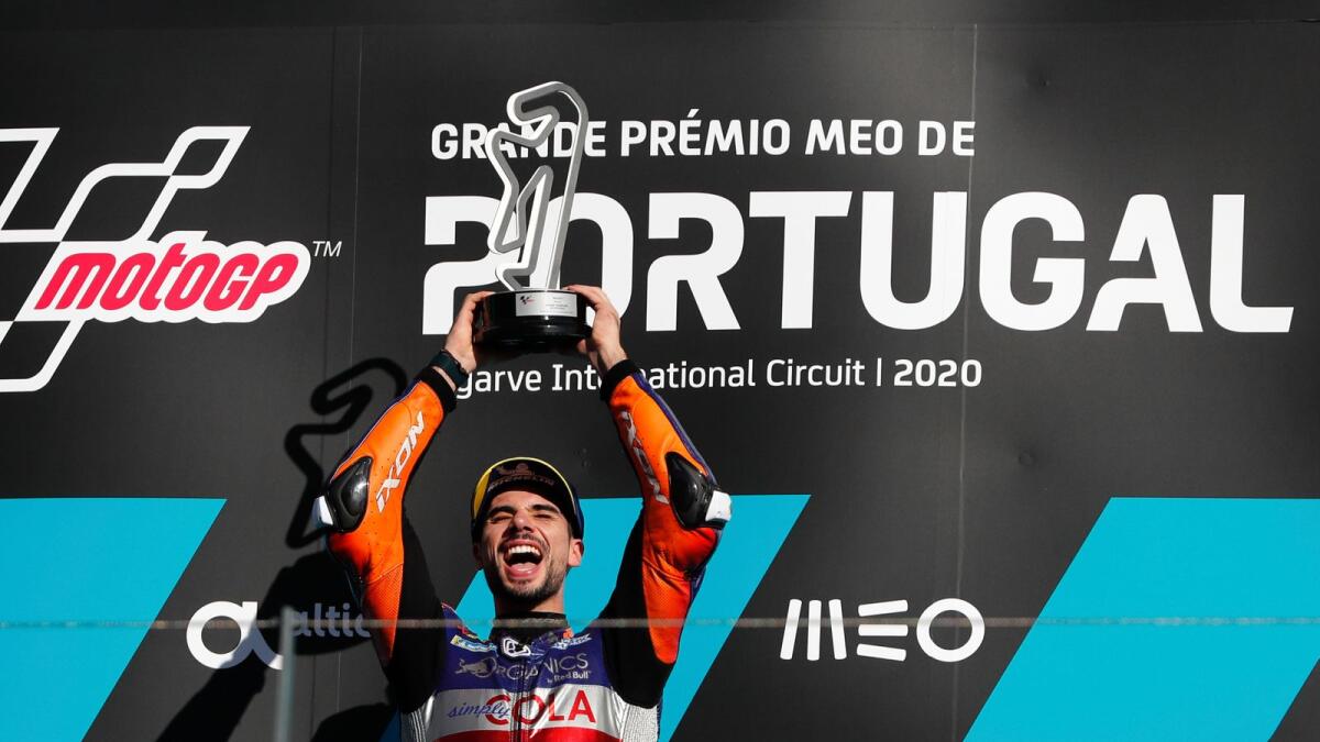 MotoGP rider Miguel Oliveira of Portugal celebrates on the podium after winning the MotoGP race of the Portuguese Motorcycle Grand Prix. — AP