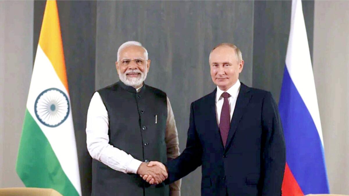 Narendra Modi meets Vladimir Putin on the sidelines of the 22nd Meeting of the Council of Heads of State of the Shanghai Cooperation Organization (SCO) in Samarkand. — ANI