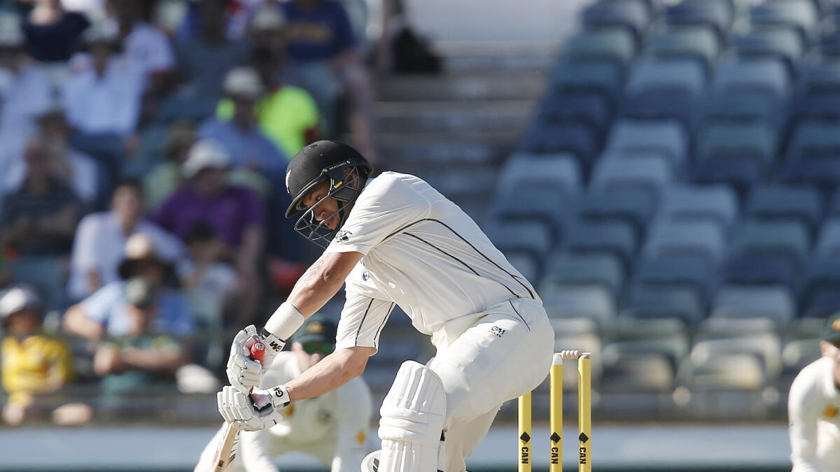 New Zealand's Ross Taylor plays a shot against Australia during their cricket test match in Perth, Australia, Sunday, Nov. 15, 2015. (AP Photo/Theron Kirkman)