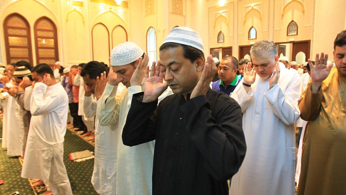The faithful offer Eid prayers at Al Karama Mosque in Dubai. Photo by Neeraj Murali/Khaleej Times