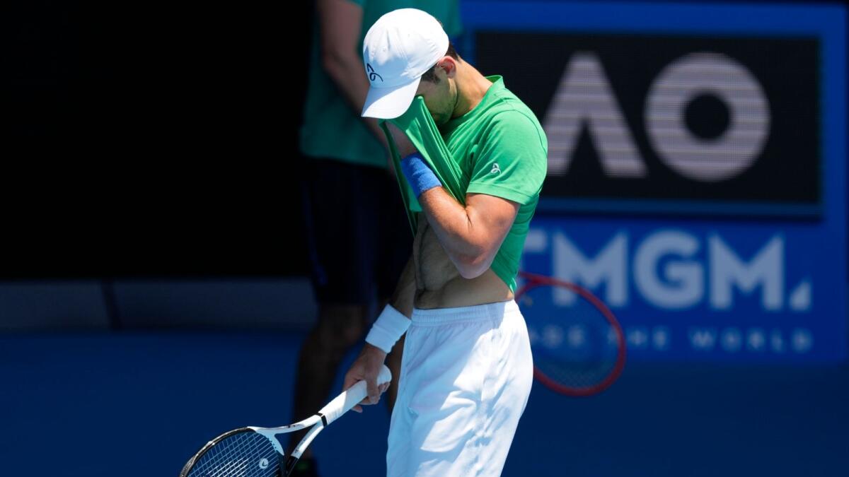 Defending men's champion Serbia's Novak Djokovic practices in Melbourne on Thursday. — AP