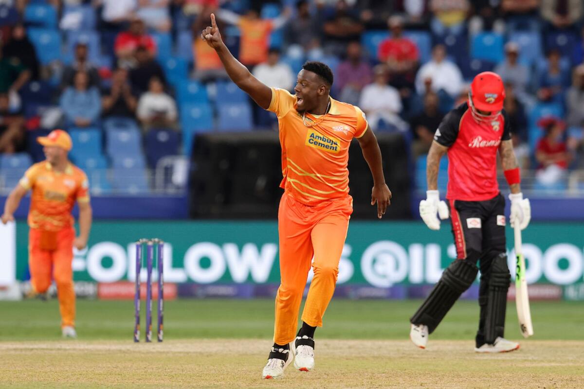 Carlos Brathwaite of Gulf Giants celebrates the wicket of Alex Hales of Desert Vipers during the final at the Dubai International Stadium on Sunday. — Supplied photo
