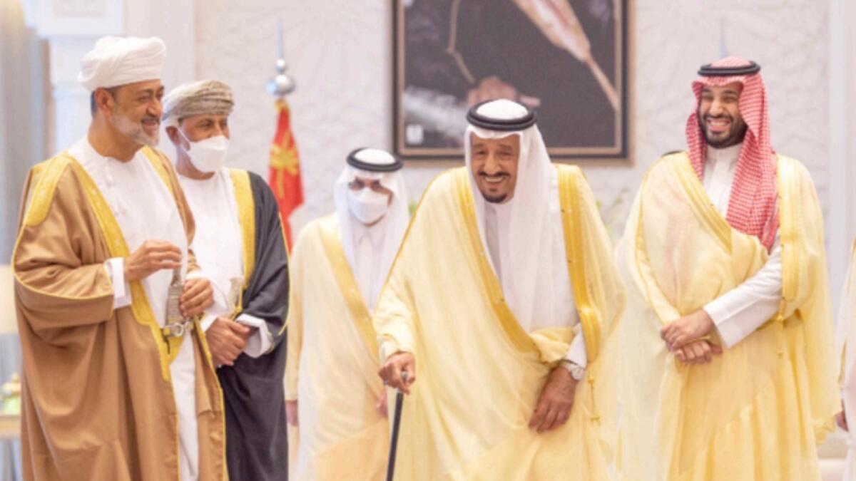 Saudi King Salman and Crown Prince Mohammed bin Salman receive Oman's Sultan  Haitham bin Tariq in Saudi Arabia on Sunday. — Reuters