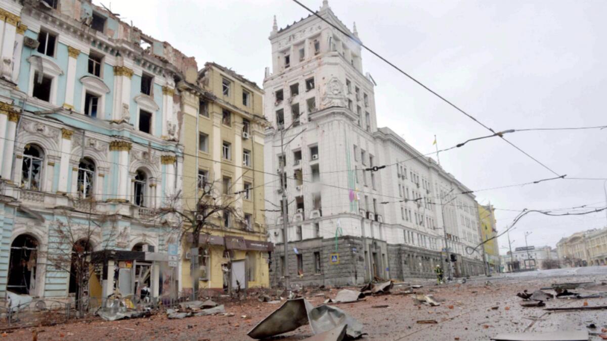 A picture shows damages after the shelling by Russian forces of Constitution Square in Kharkiv. — AFP