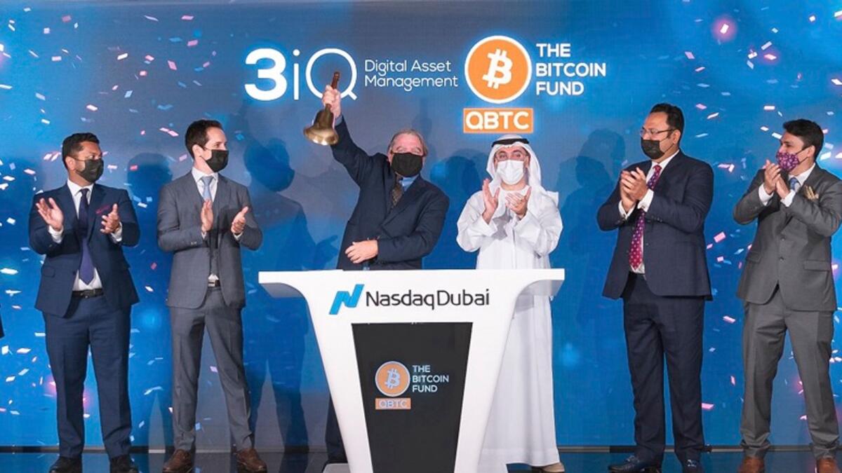 Frederick Pye rings the Nasdaq Dubai market opening bell in the presence of Hamed Ali, CEO of Nasdaq Dubai and Deputy CEO of DFM. — Supplied photo