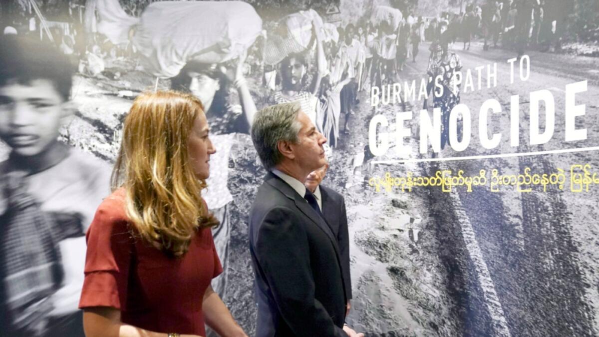 US Secretary of State Antony Blinken tours the 'Burma's Path To Genocide' exhibit at the United States Holocaust Memorial Museum in Washington. — AP