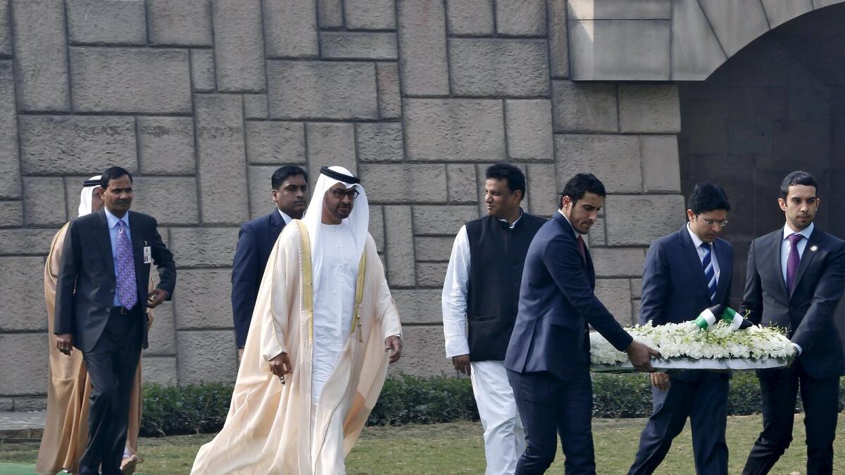 His Highness Shaikh Mohammed bin Zayed Al Nahyan, Crown Prince of Abu Dhabi and Deputy Supreme Commander of the UAE Armed Forces, arrives to place a wreath at Mahatma Gandhi Memorial at Raj Ghat in New Delhi, India, February 11, 2016.
