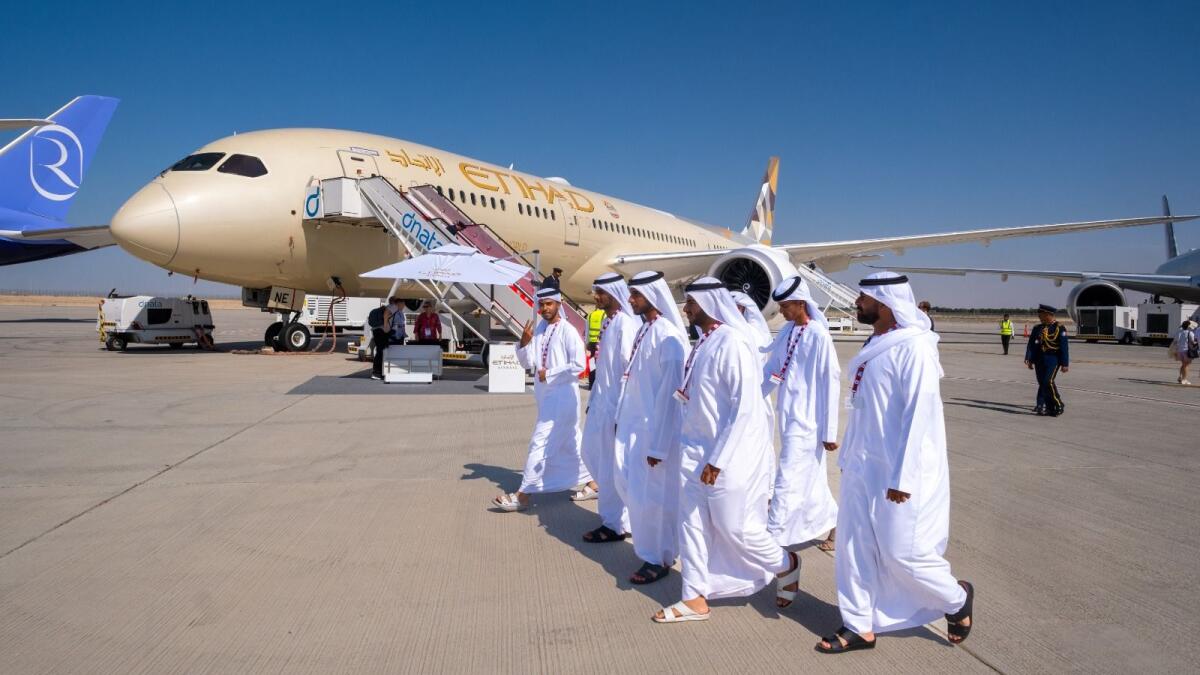 Etihad Airways on the occasion of its 20th anniversary during the Dubai Airshow at Al Maktoum International Airport on Tuesday. — Photos by Shihab/KT