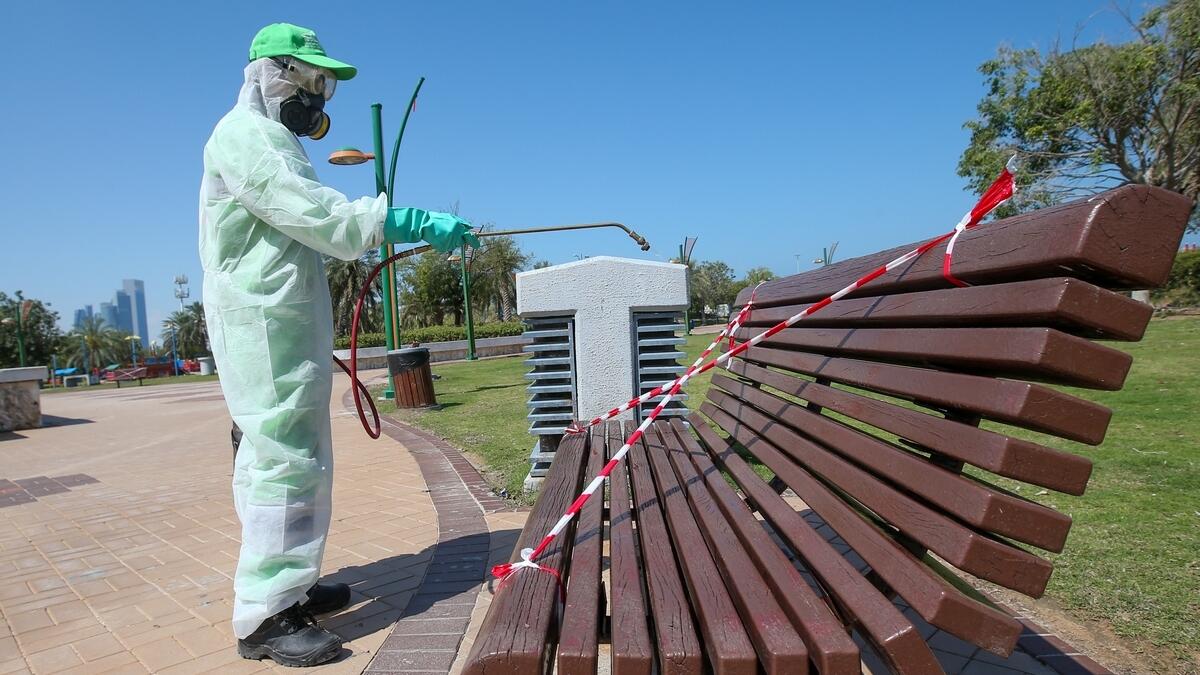 Benches in public parks are sanitized thoroughly by Tadweer workers in order to eliminate the spread of Covid-19