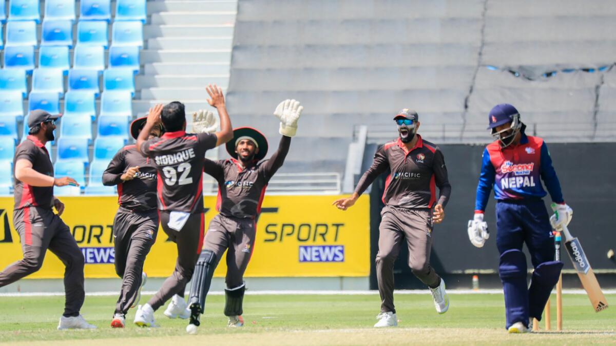 Junaid Siddique celebrates a wicket with his teammates. (UAE Cricket Official Twitter)