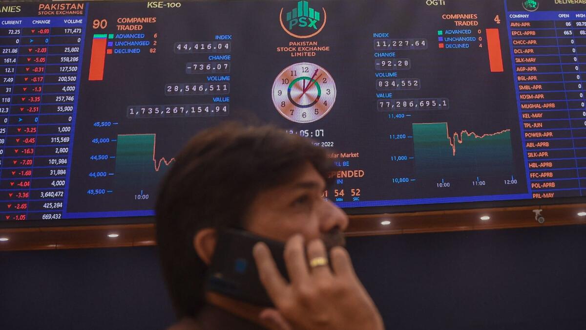 A stockbroker speaks on the phone during a trading session at the Pakistan Stock Exchange (PSX) in Karachi. The KSE 100-index of the Pakistan Stock Exchange (PSX) climbed 3.83 per cent, or 1,700.38 points, closing at 46,144.96 points against 44,444.58 points on the last working day. It is the highest jump since April 2020. — AFP file photo 