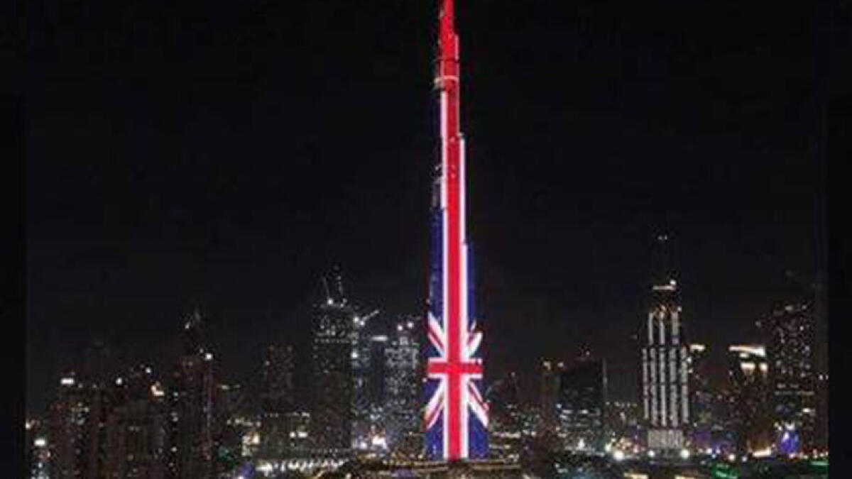 Burj Khalifa lights up in colours of British flag