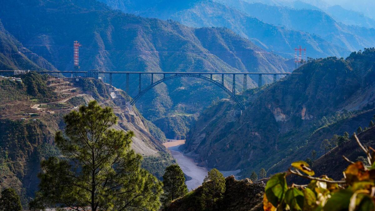 A photo of the Chenab Rail Bridge in Reasi district released on March 26. — PTI