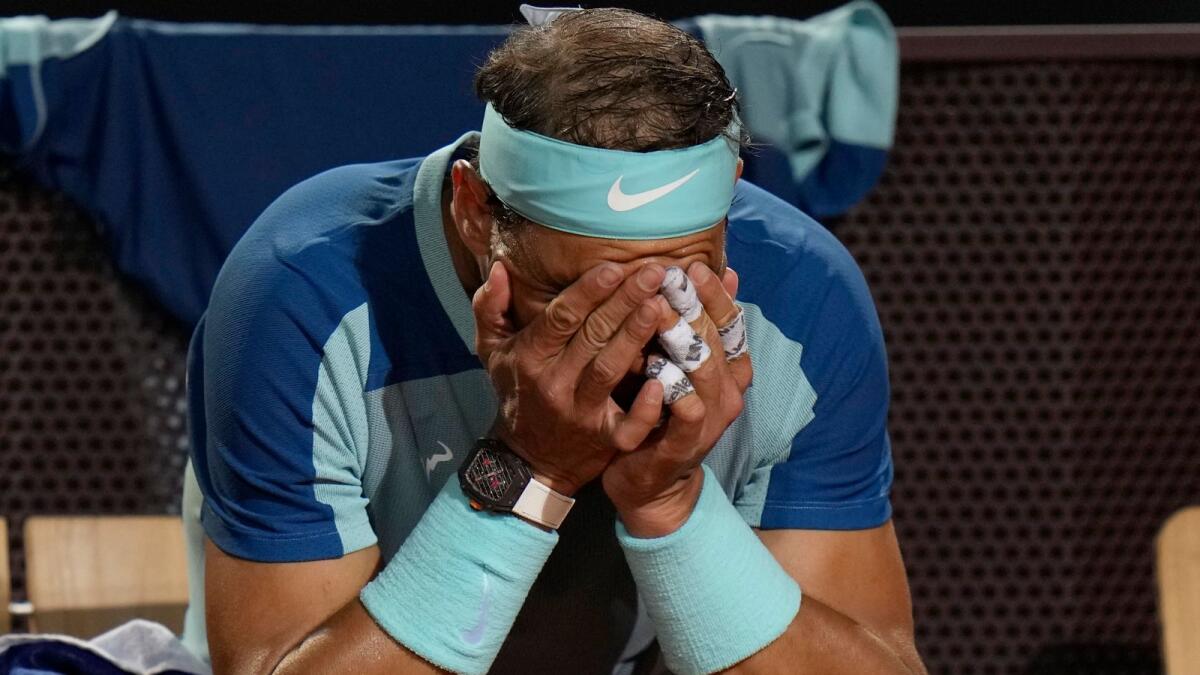 Rafael Nadal reacts after his defeat against Denis Shapovalov. (AP)