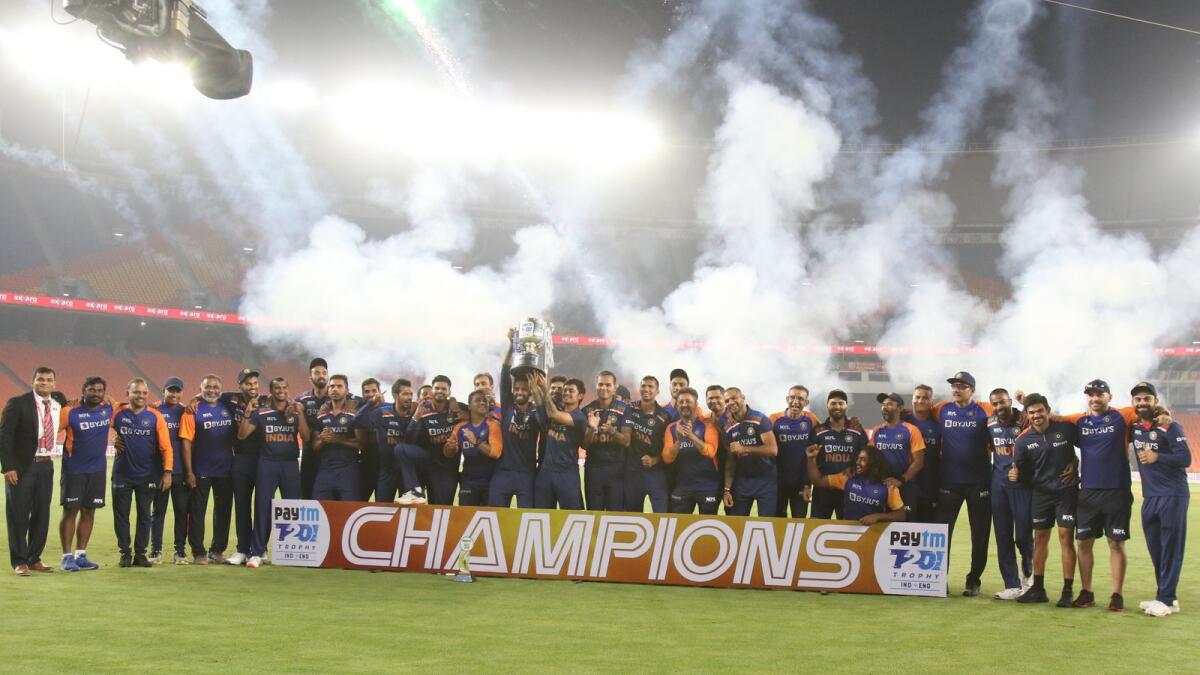 Indian players celebrate their series win over England at the Narendra Modi Stadium in Ahmedabad. (BCCI)