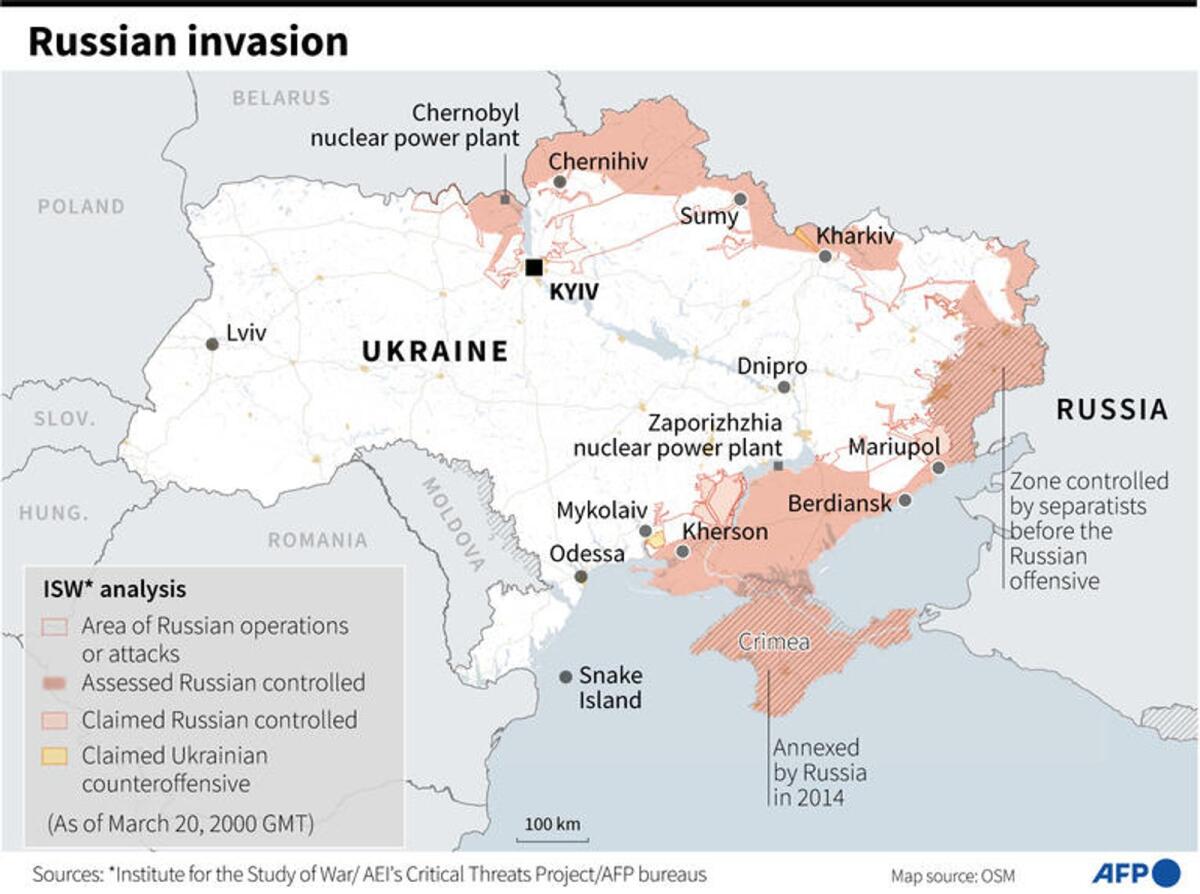 Graphic showing the advance of Russian troops in Ukraine as of March 20, 20:00 GMT. Photo: AFP
