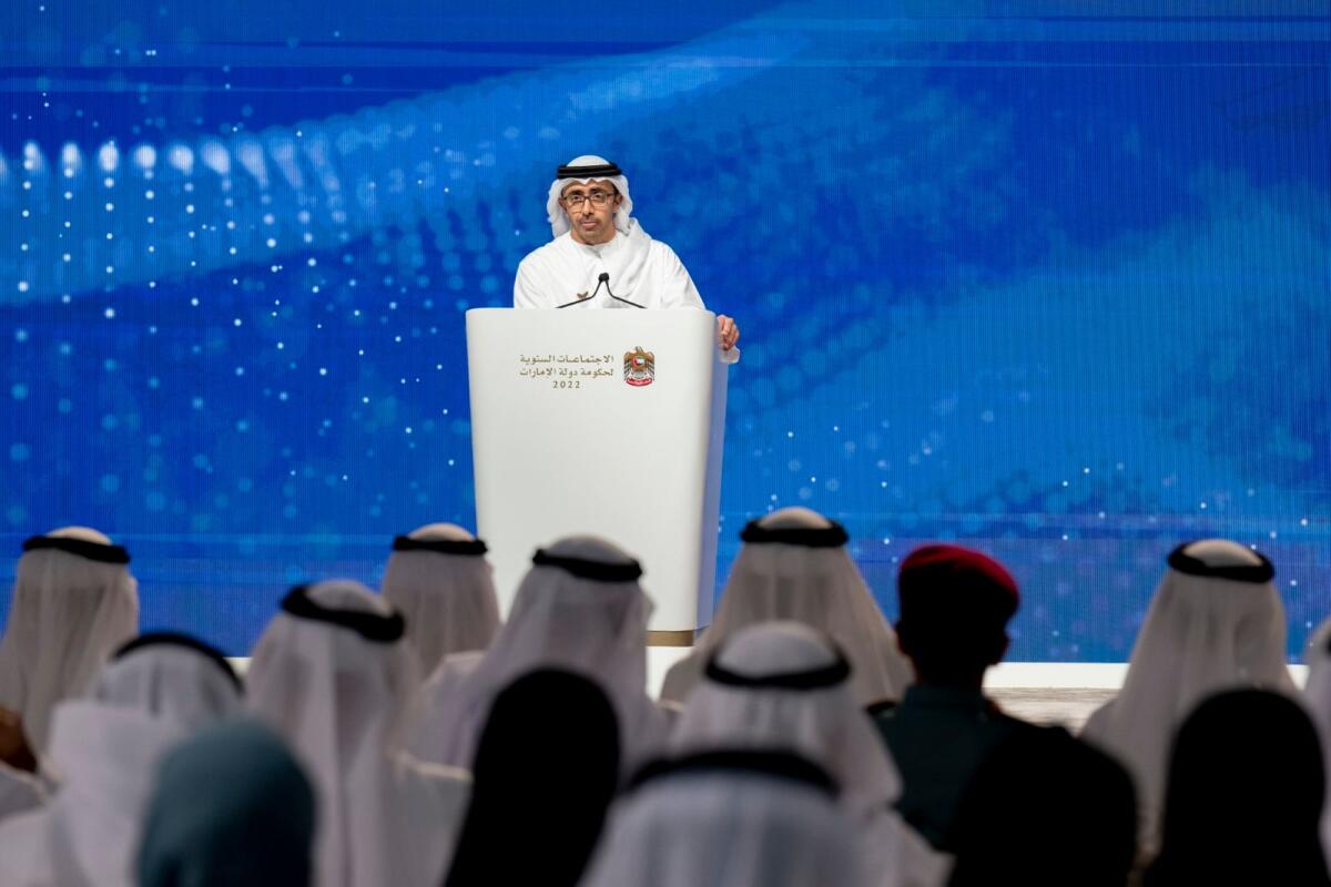 Sheikh Abdullah bin Zayed Al Nahyan, UAE Minister of Foreign Affairs and International Cooperation (C), delivers a speech during the UAE Annual Government Meetings. Photo: WAM