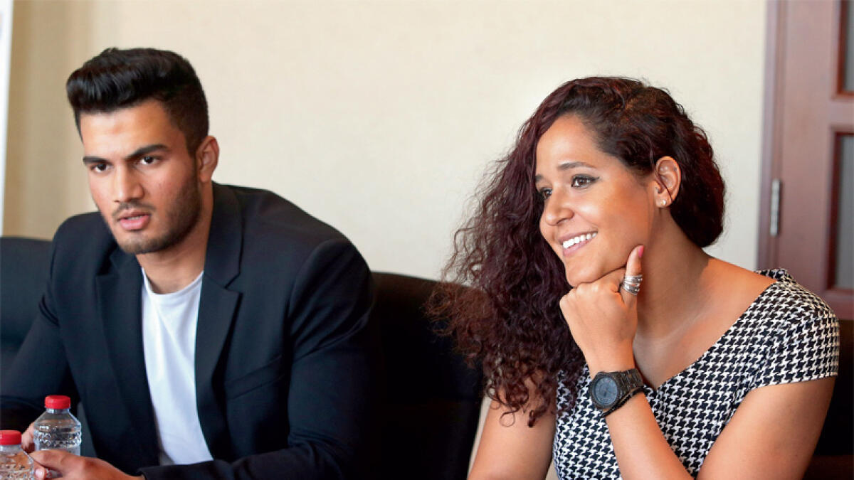 Shivank Vijaykumar and Sarra Lajnef, awardees of the third Annual Adam Gilchrist Sports Award during an interview at the University of Wollonggong in Dubai on Sunday. 