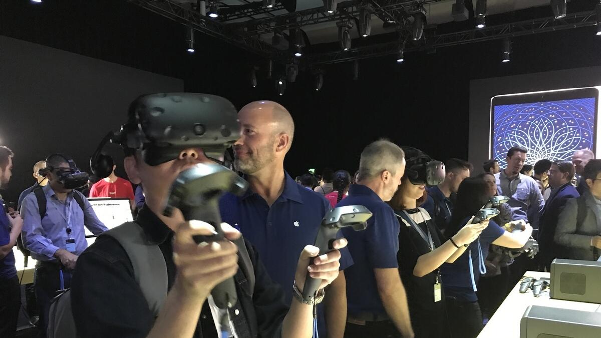 Virtual reality headsets being demonstrated during the media hands-on session of Apple's Worldwide Developers Conference at the San Jose McEnery Convention Center in California on Monday.