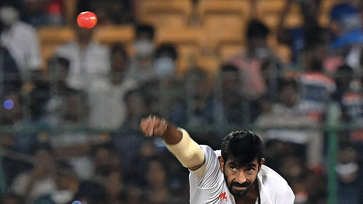India's Jasprit Bumrah bowls during the second day of the second Test against Sri Lanka at the M Chinnaswamy Stadium in Bengaluru on Sunday. — AFP