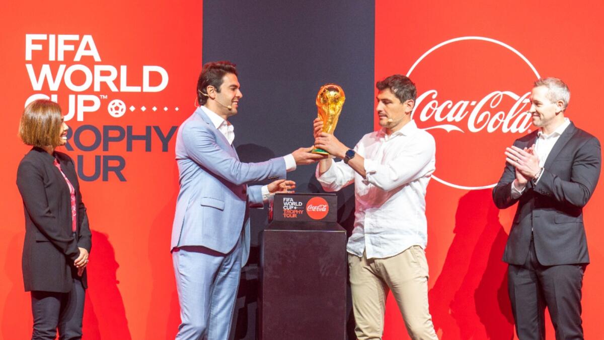 Iker Casillas and Kaka hold the Fifa World Cup trophy during an event in Dubai on Thursday. (Photo by Shihab)