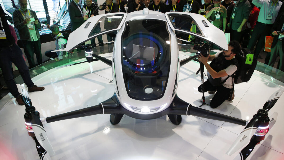 The EHang 184 autonomous aerial vehicle is unveiled at the EHang booth at CES International, Wednesday, Jan. 6, 2016, in Las Vegas. (AP Photo)