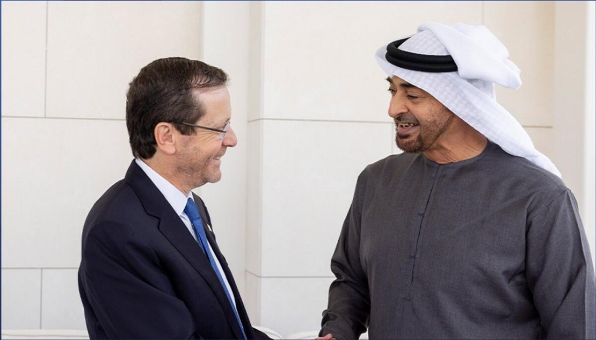 Sheikh Mohamed bin Zayed with President of Israel, Isaac Herzog. Photo: WAM