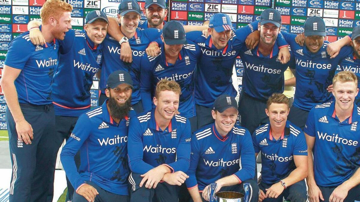 The England cricket team pose with the trophy after defeating Pakistan by 84 runs in the fourth ODI on Friday. England won the series 3-1. 