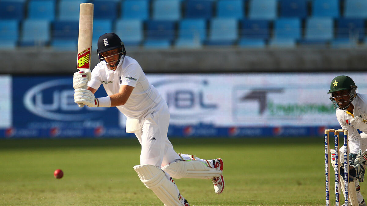 SP231015-SK-ENGLANDJoe Root of England playing a shot against Pakistan in the second day of 2nd test match at Dubai International Cricket Stadium on Friday. 23 October, 2015. Photo by Shihab