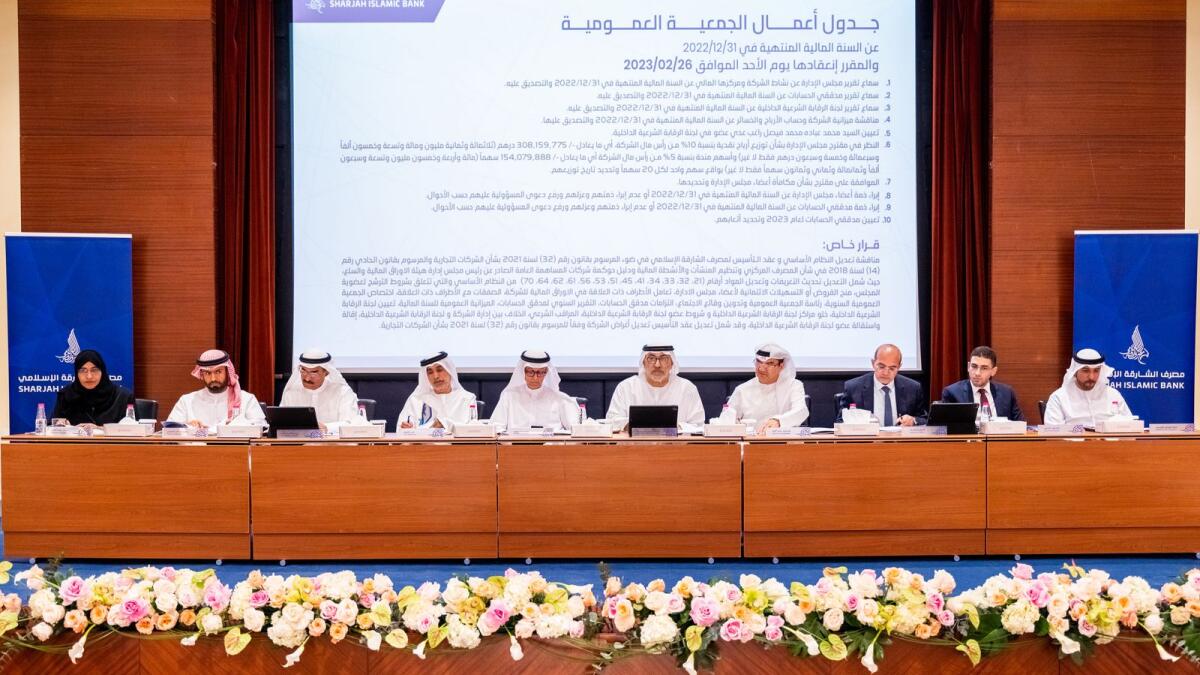 Abdul Rahman Al Owais, chairman of the board of directors of SIB, chaired the bank’s annual meeting at the Sharjah Chamber of Commerce and Industry. — Supplied photo