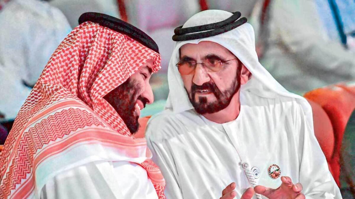 His Highness Sheikh Mohammed bin Rashid Al Maktoum, Vice-President and Prime Minister of the UAE and Ruler of Dubai, talks with Saudi Crown Prince Mohammed bin Salman during the Future Investment Initiative conference in Riyadh on Wednesday. — AFP