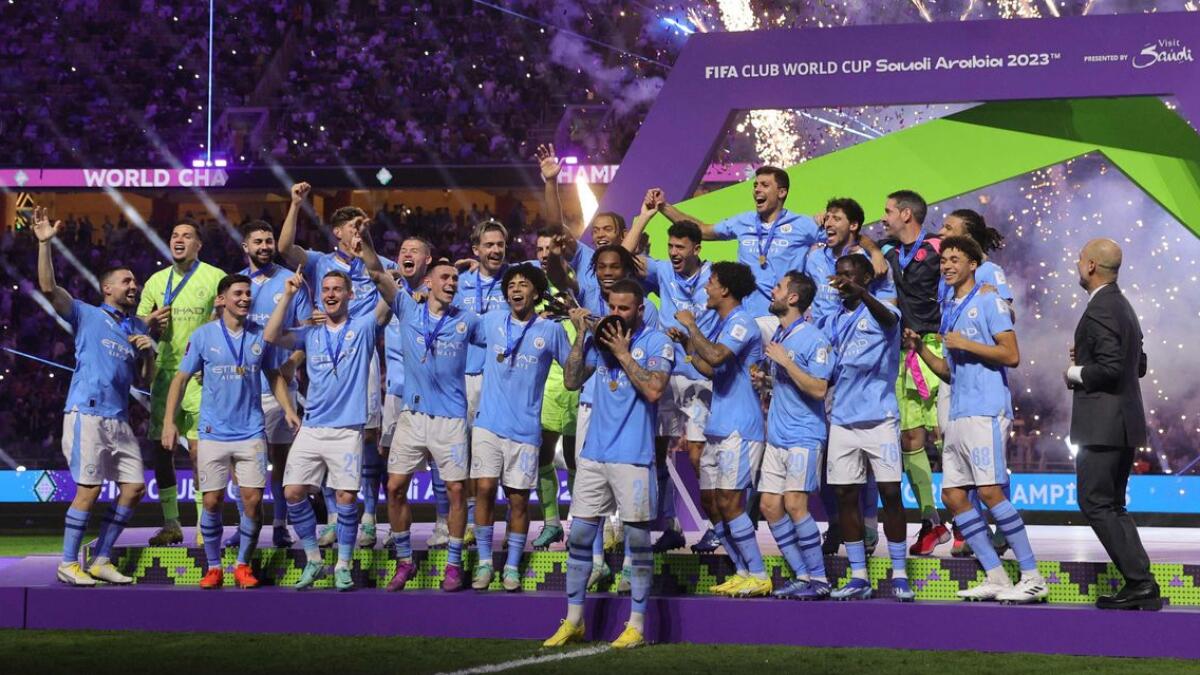 Manchester City team celebrate with their winning the FIFA Club World Cup 2023 gainst Brazil's Fluminense at King Abdullah Sports City Stadium in Jeddah on Friday. - AFP