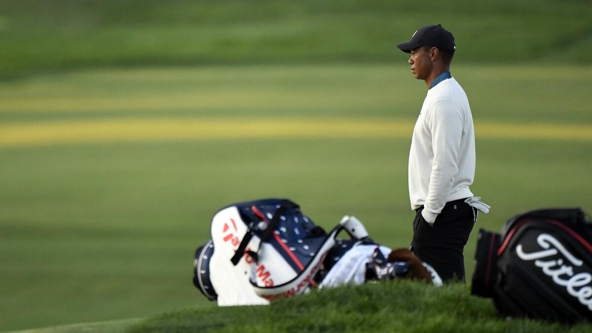 Tiger Woods looks on from the ninth green during the second round of the US Open golf tournament